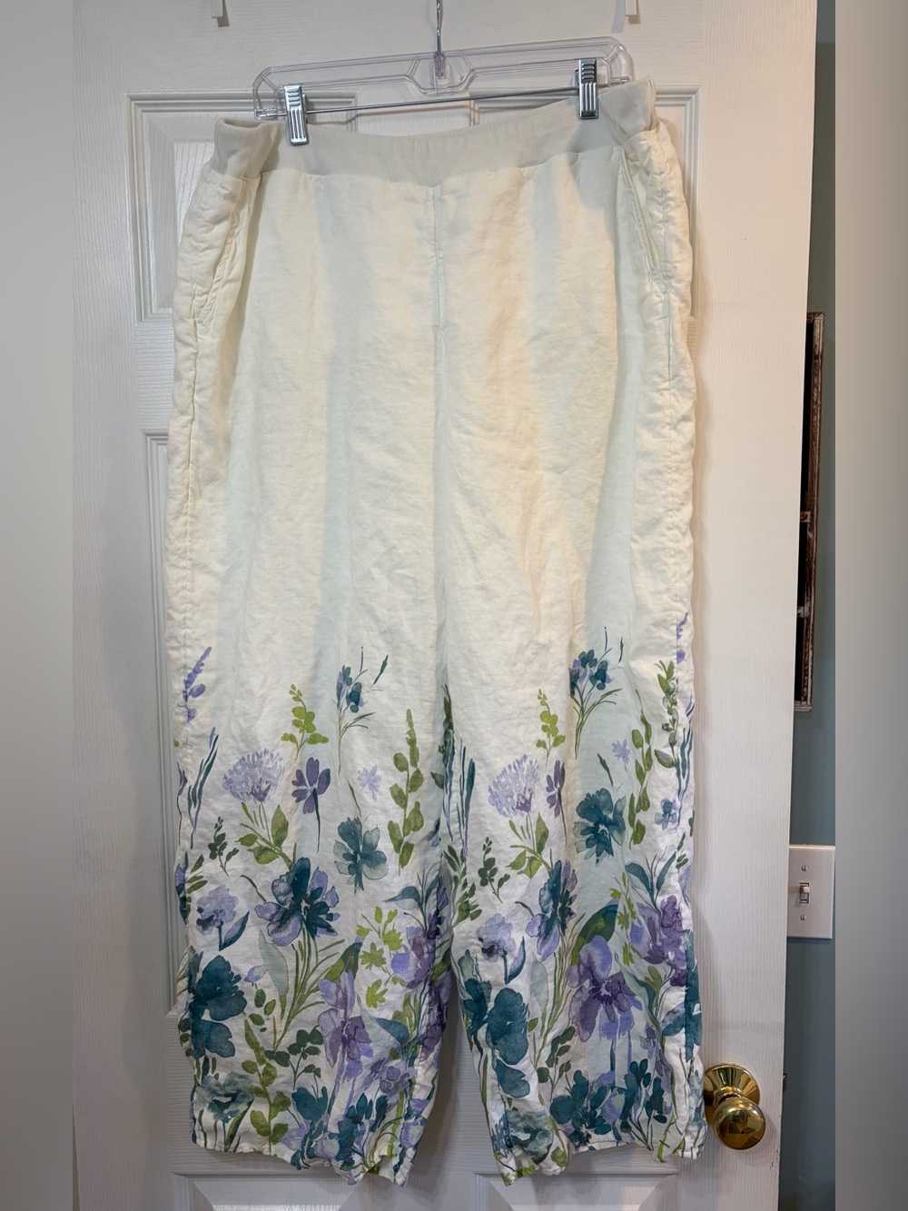 White Floral Linen Blend Wide Leg Pants